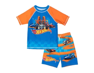 Hot Wheels UPF 50+ Pullover Rash Guard and Swim Trunks Outfit Set Toddler to Big Kid
